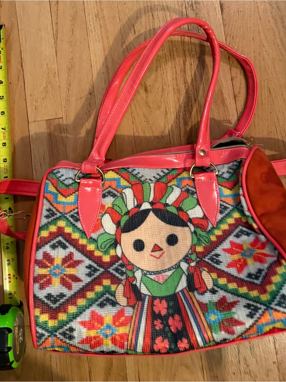 Handcrafted Embroidered Coral Tote Bag with Doll Motif